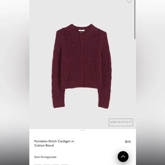 Madewell Pointelle-Stitch Cardigan Cotton Blend in Dark Pomegranate Size Medium - Picture 7 of 10